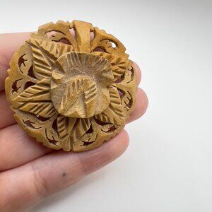Antique Ornate Hand Carved Wood Brooch